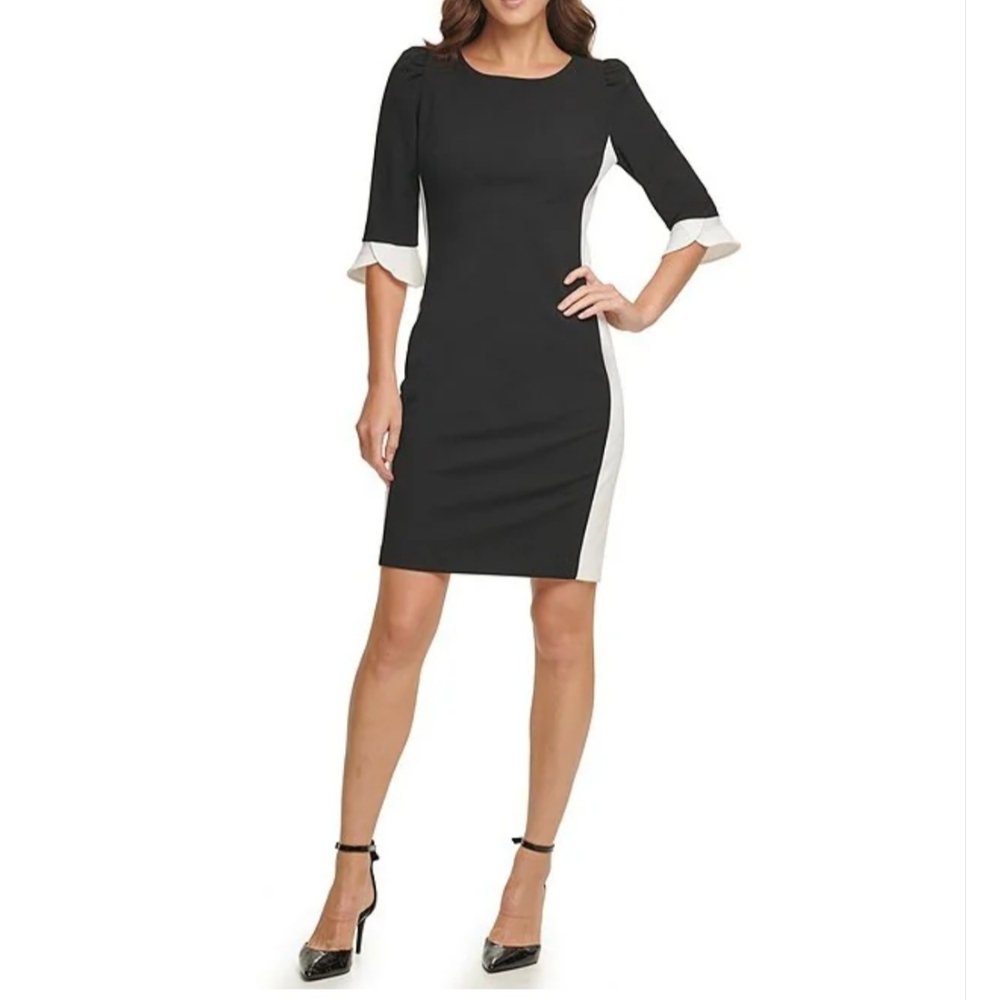 Black and White Sheath Dress with Cuffed 3/4 Sleeves